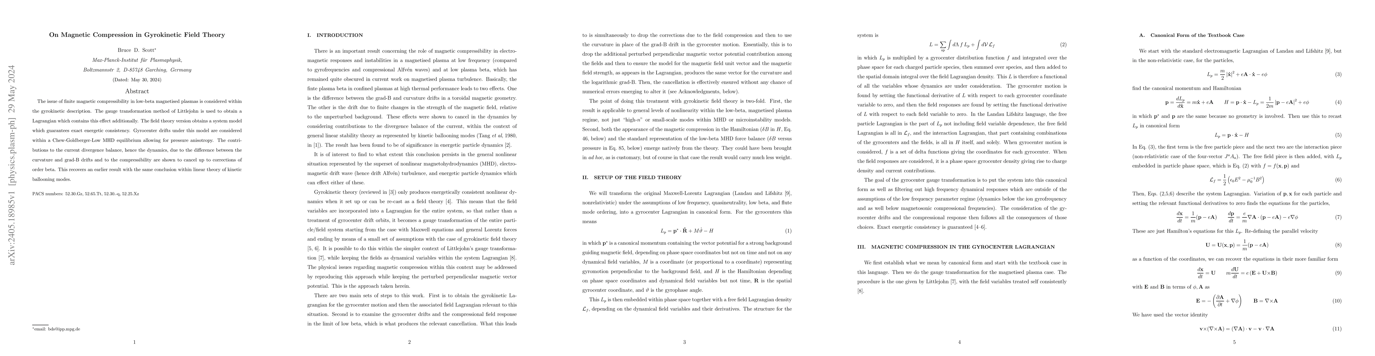 Thumbnail for On Magnetic Compression in Gyrokinetic Field Theory