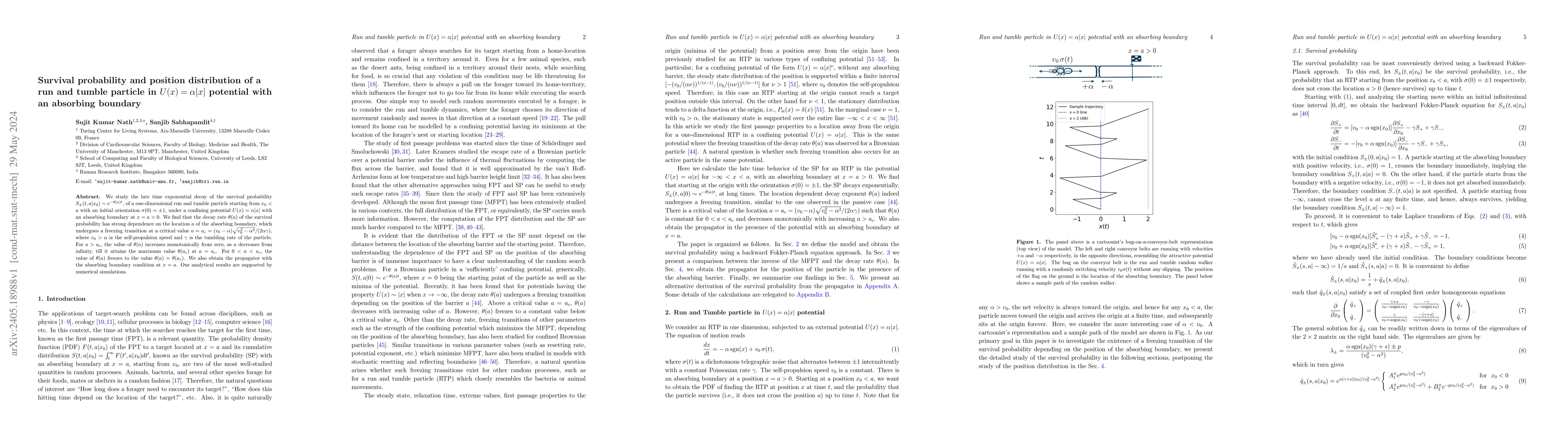 Thumbnail for Survival probability and position distribution of a run and tumble
  particle in $U(x)=\alpha |x|$ potential with an absorbing boundary