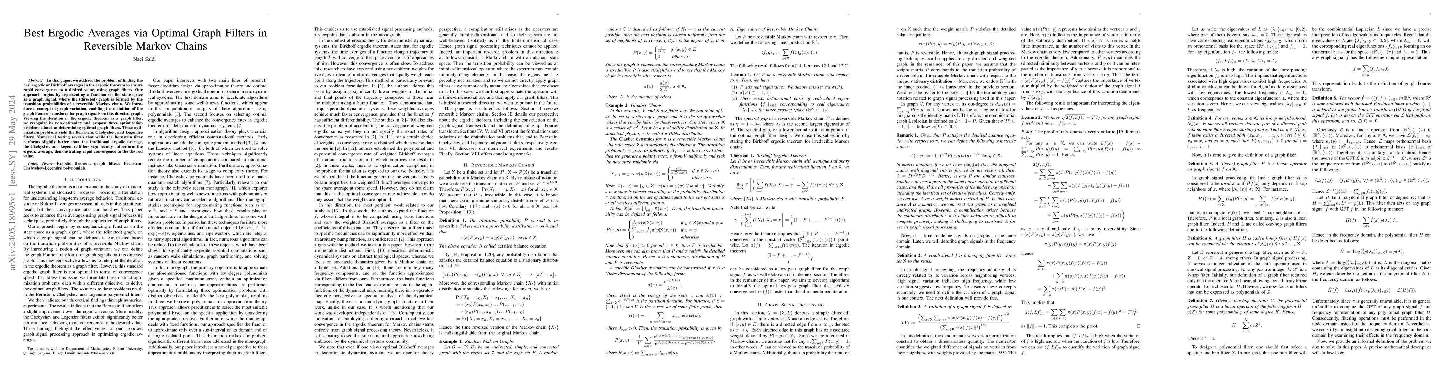 Thumbnail for Best Ergodic Averages via Optimal Graph Filters in Reversible Markov
  Chains