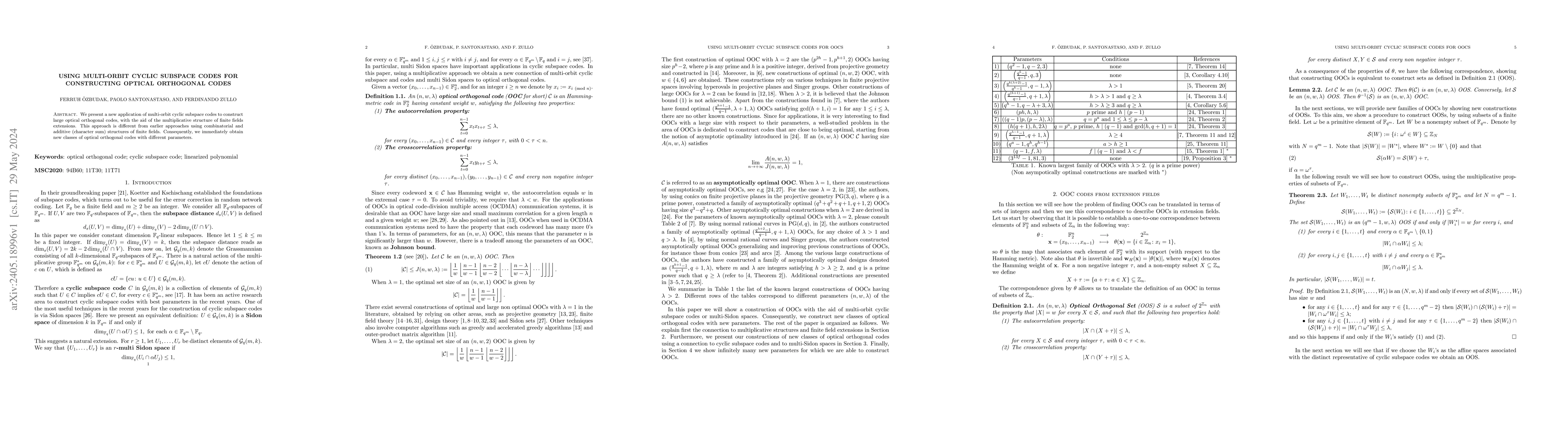 Thumbnail for Using multi-orbit cyclic subspace codes for constructing optical
  orthogonal codes