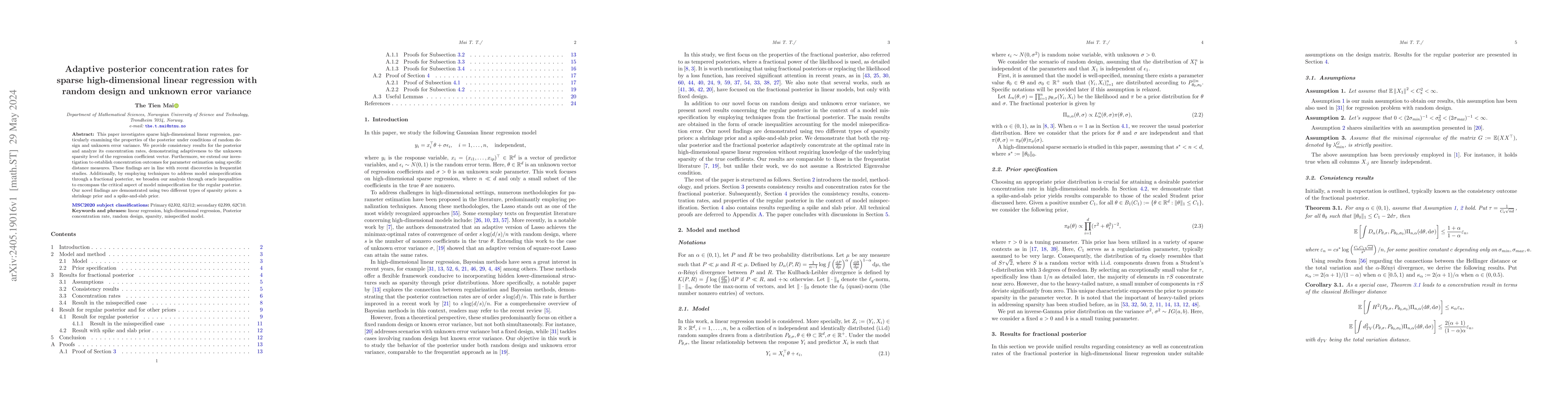 Thumbnail for Adaptive posterior concentration rates for sparse high-dimensional
  linear regression with random design and unknown error variance
