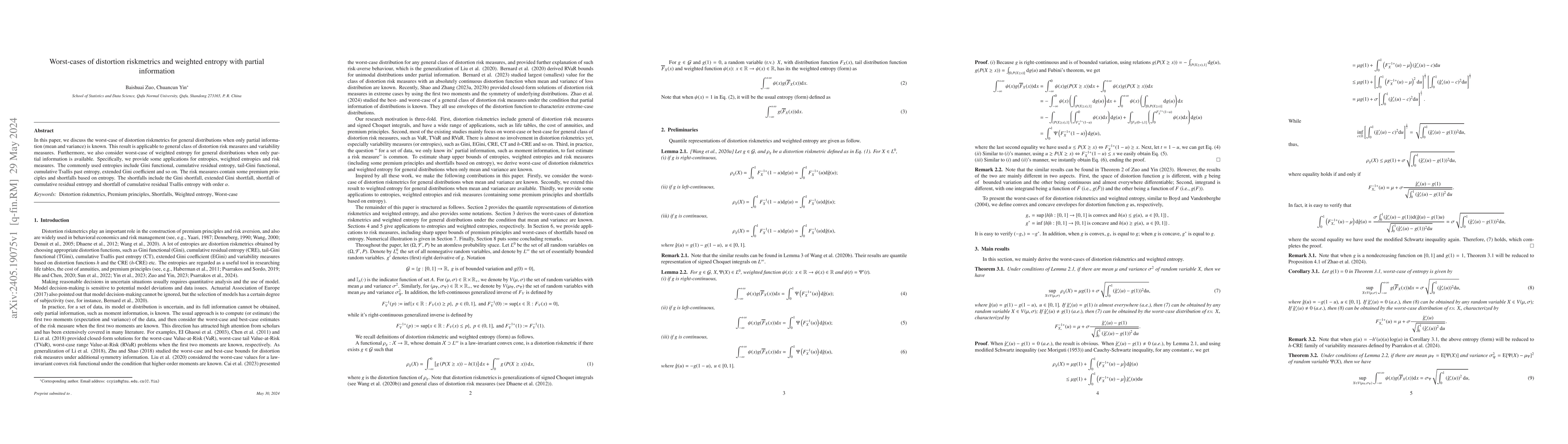 Thumbnail for Worst-cases of distortion riskmetrics and weighted entropy with partial
  information