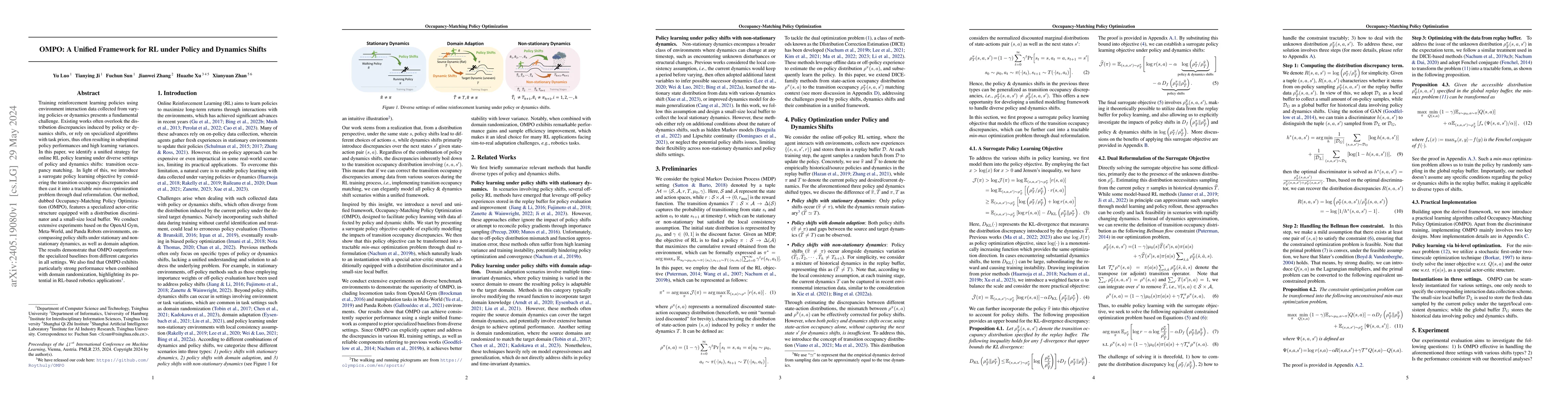 Thumbnail for OMPO: A Unified Framework for RL under Policy and Dynamics Shifts