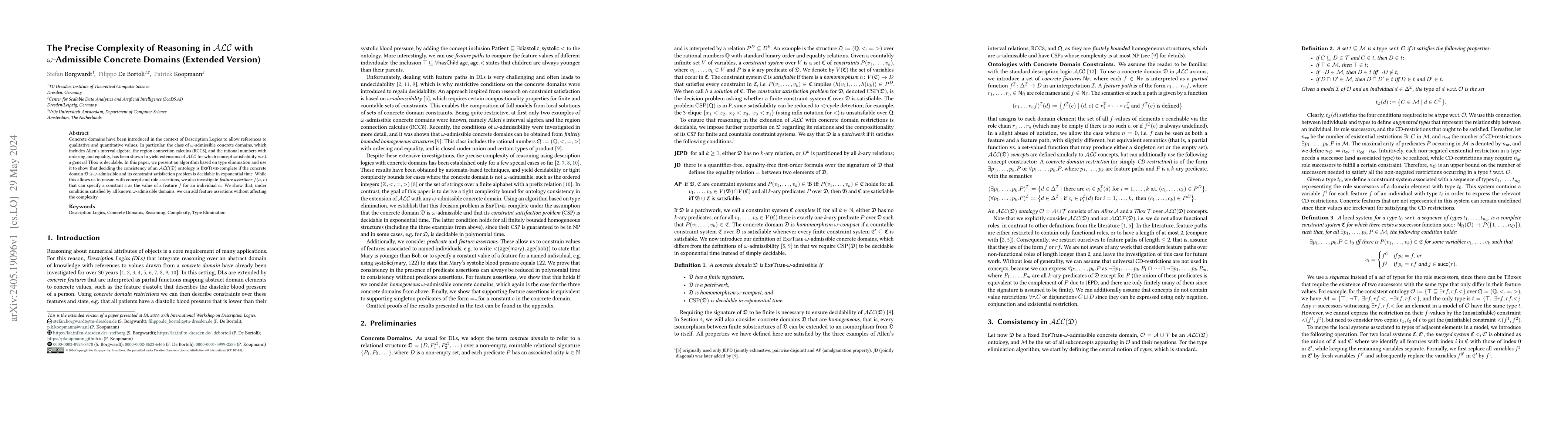 Thumbnail for The Precise Complexity of Reasoning in $\mathcal{ALC}$ with
  $\omega$-Admissible Concrete Domains (Extended Version)