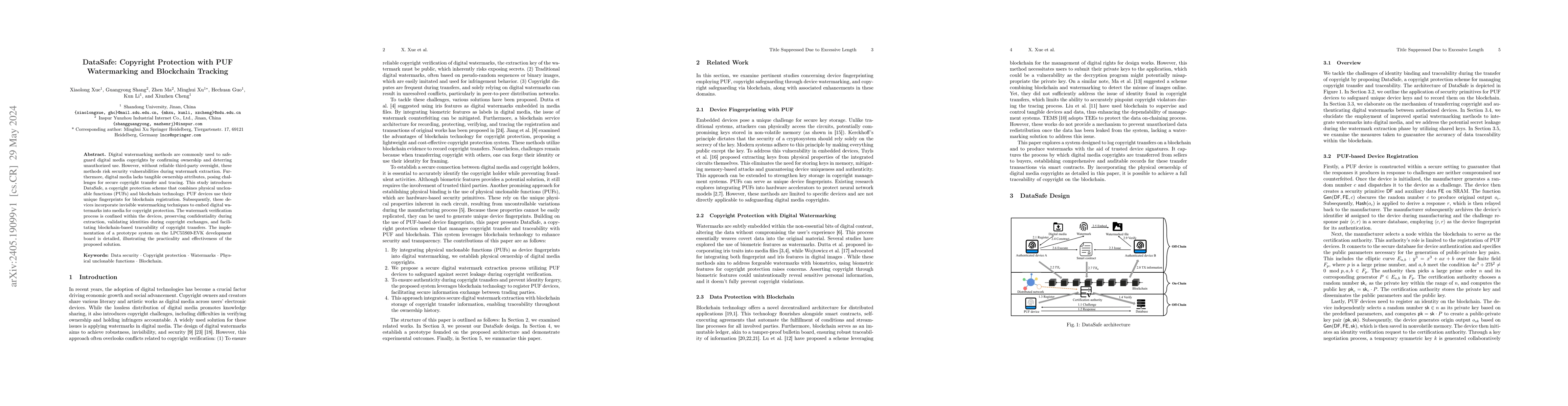 Thumbnail for DataSafe: Copyright Protection with PUF Watermarking and Blockchain
  Tracking