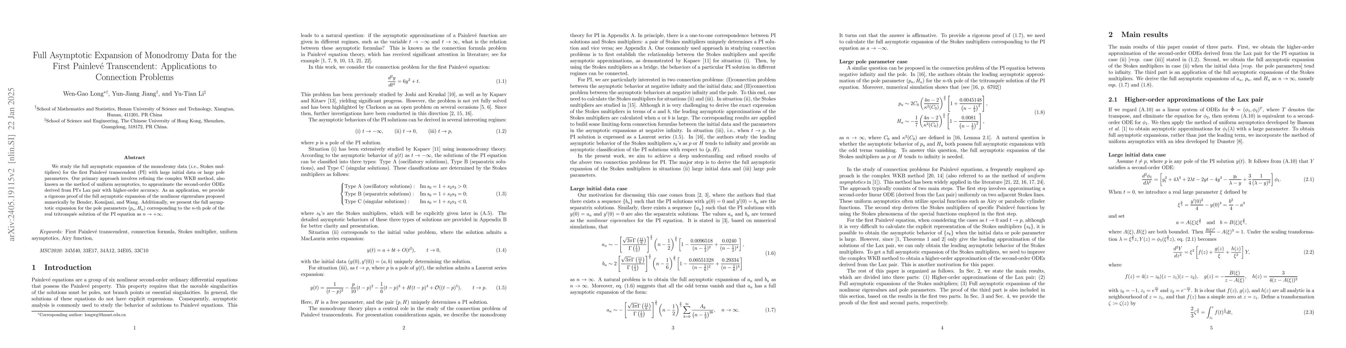 Thumbnail for Full Asymptotic Expansion of Monodromy Data for the First Painlev\'{e}
  Transcendent: Applications to Connection Problems