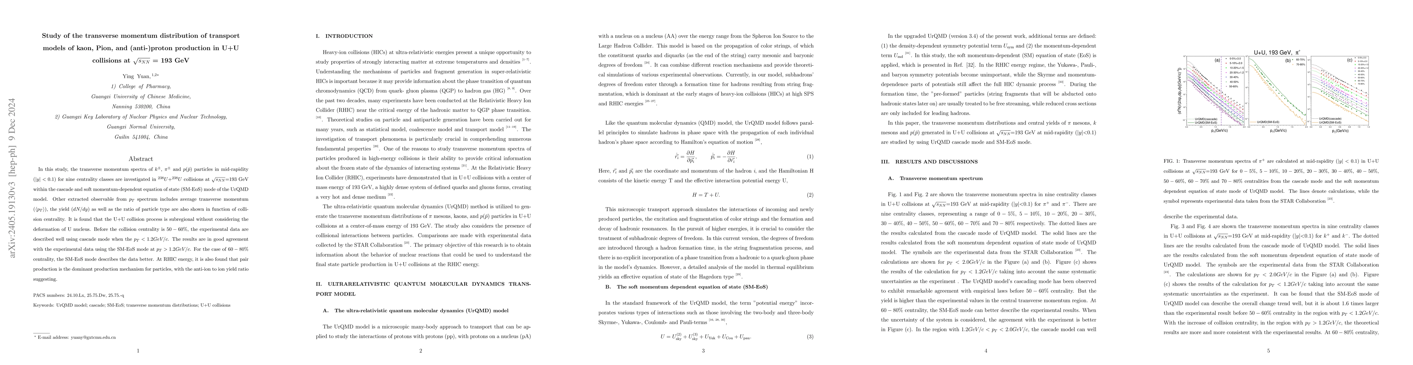 Thumbnail for Study of the transverse momentum distribution of transport models of
  kaon, Pion, and (anti-)proton production in U+U collisions at $\sqrt{s_{NN}}$
  = 193 GeV