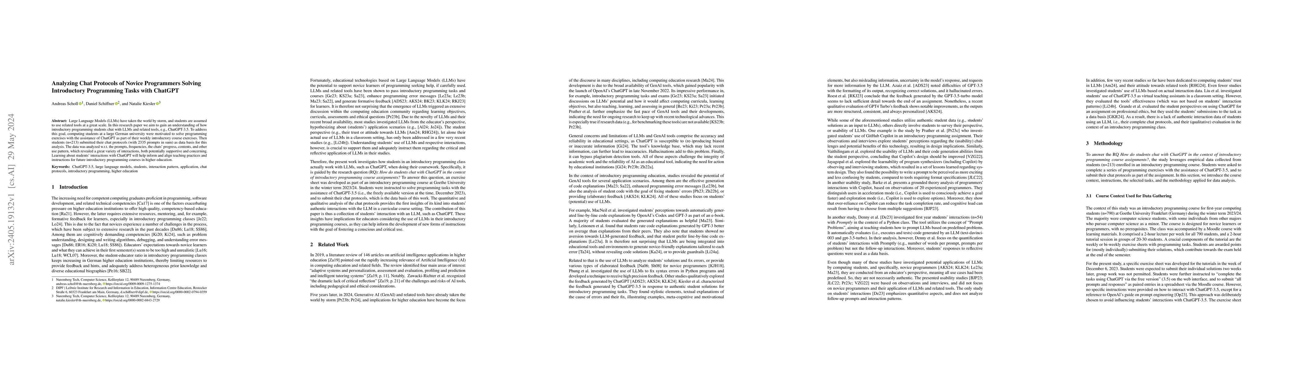 Thumbnail for Analyzing Chat Protocols of Novice Programmers Solving Introductory
  Programming Tasks with ChatGPT