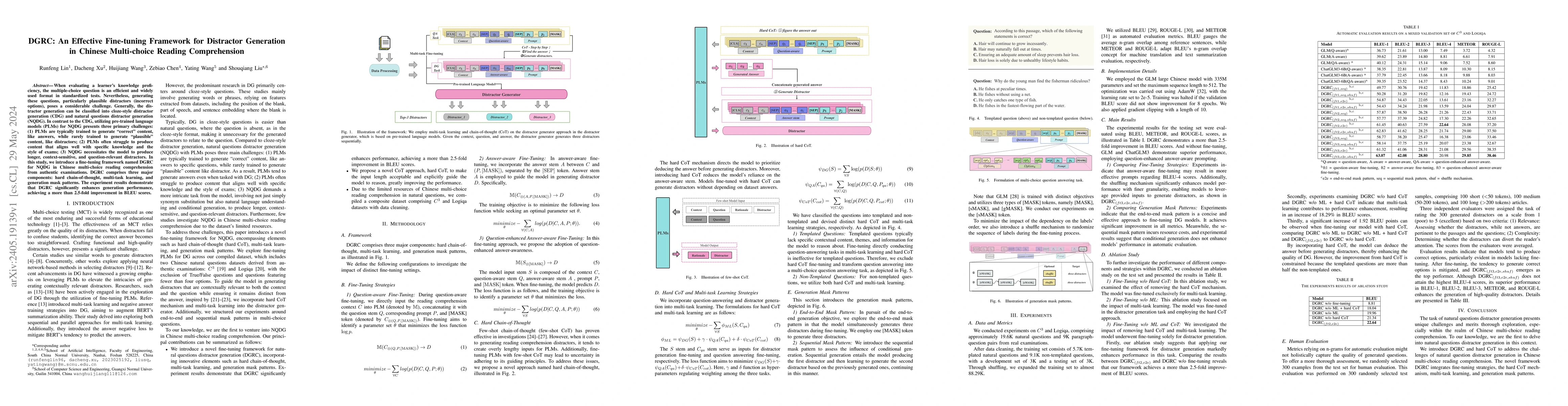 Thumbnail for DGRC: An Effective Fine-tuning Framework for Distractor Generation in
  Chinese Multi-choice Reading Comprehension