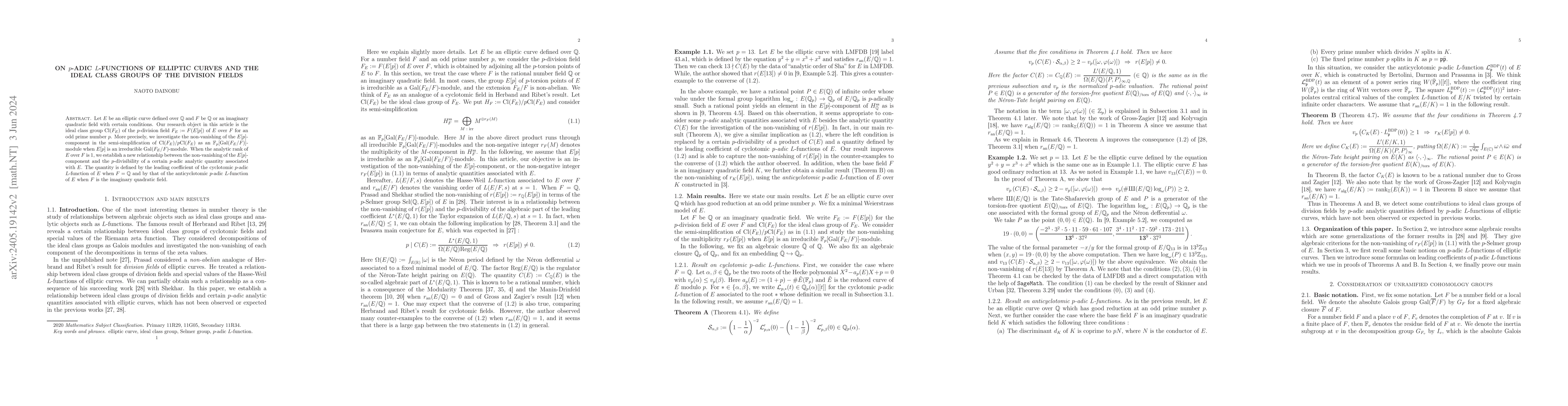 Thumbnail for On $p$-adic $L$-functions of elliptic curves and the ideal class groups
  of the division fields