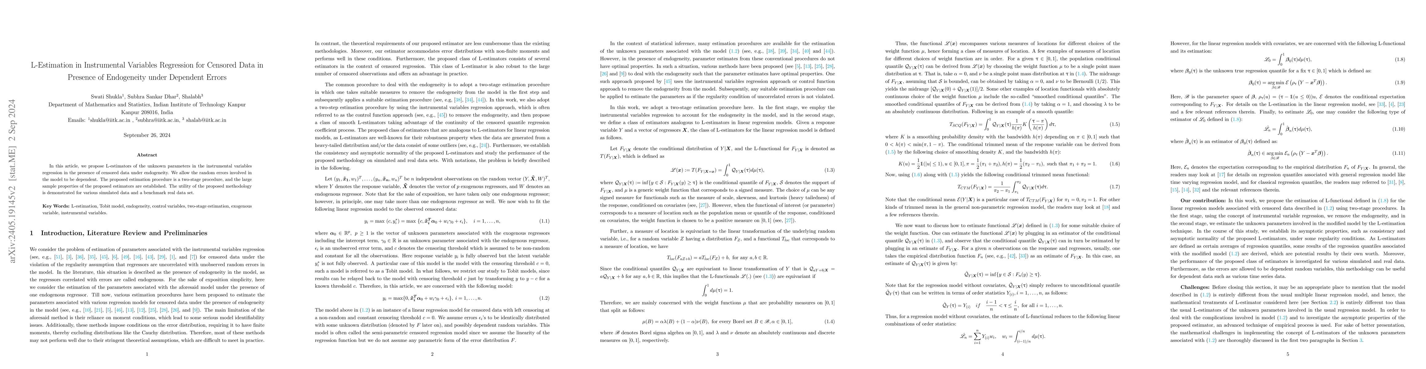 Thumbnail for L-Estimation in Instrumental Variables Regression for Censored Data in
  Presence of Endogeneity and Dependent Errors