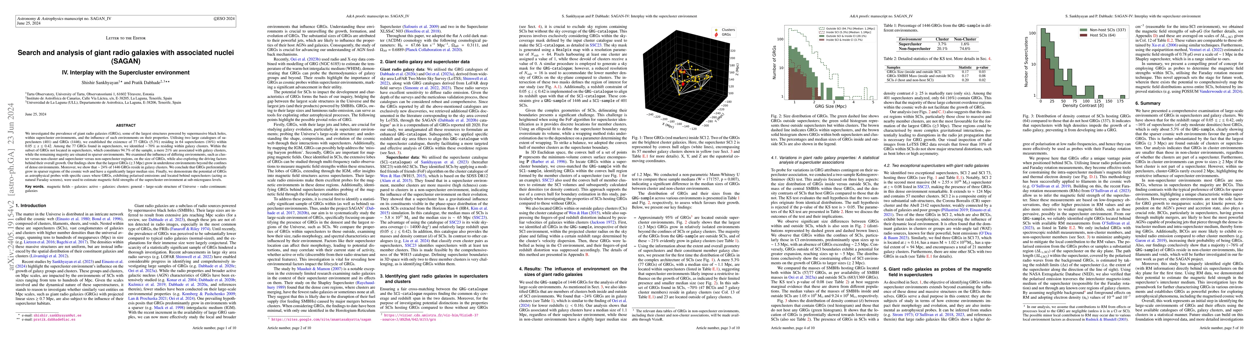 Thumbnail for Search and analysis of giant radio galaxies with associated nuclei
  (SAGAN) IV. Interplay with the Supercluster environment