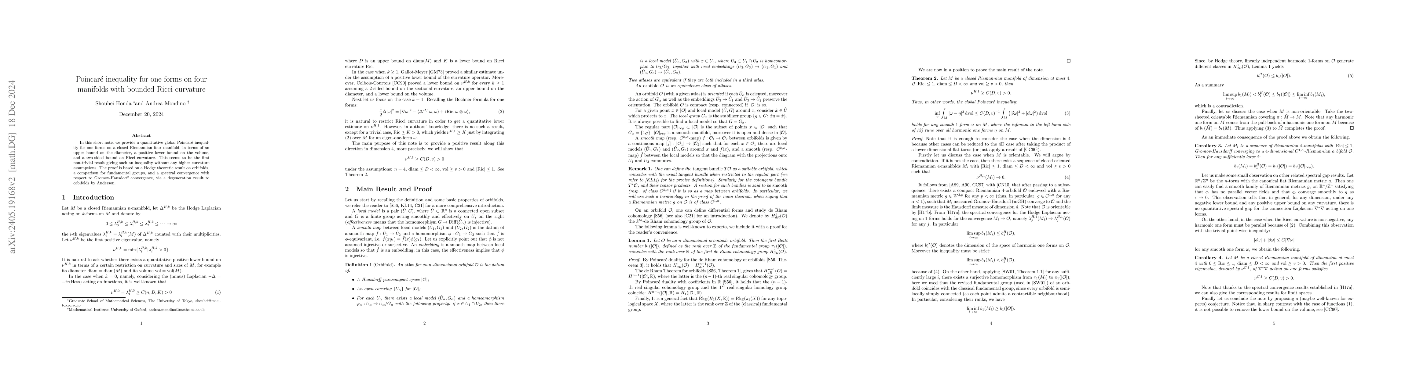 Thumbnail for Poincar\'e inequality for one forms on four manifolds with bounded Ricci
  curvature