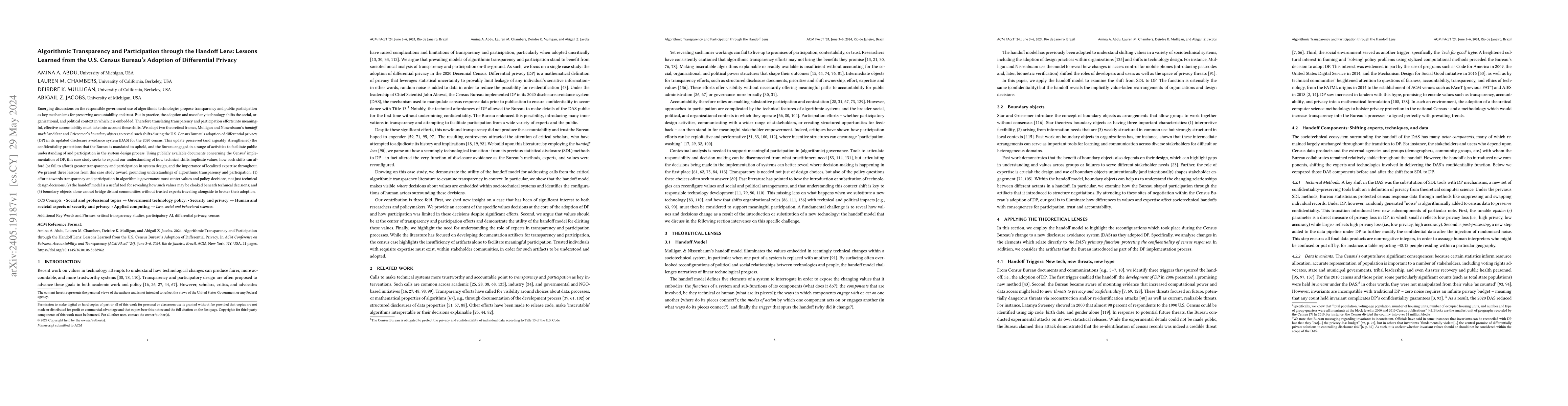 Thumbnail for Algorithmic Transparency and Participation through the Handoff Lens:
  Lessons Learned from the U.S. Census Bureau's Adoption of Differential
  Privacy