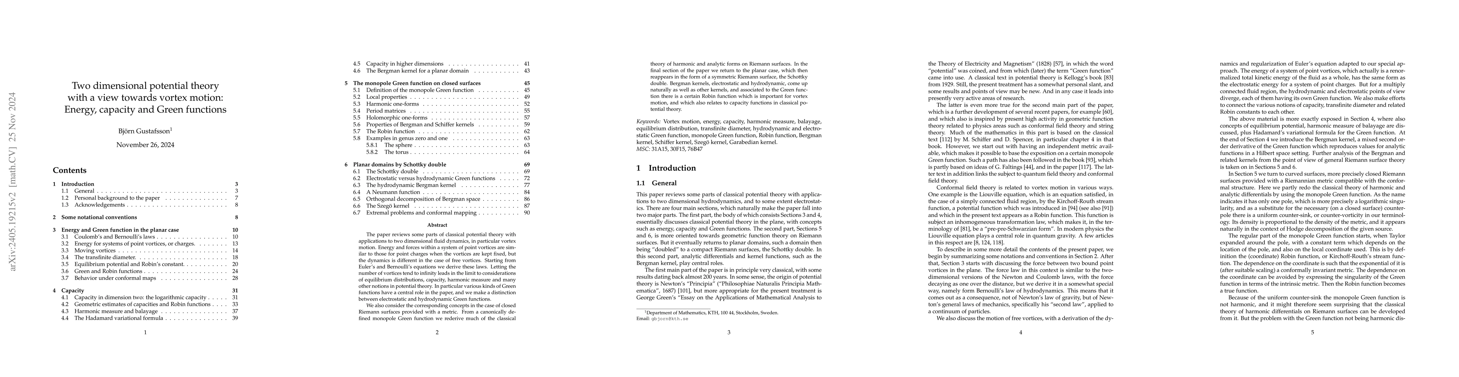 Thumbnail for Two dimensional potential theory with a view towards vortex motion:
  Energy, capacity and Green functions