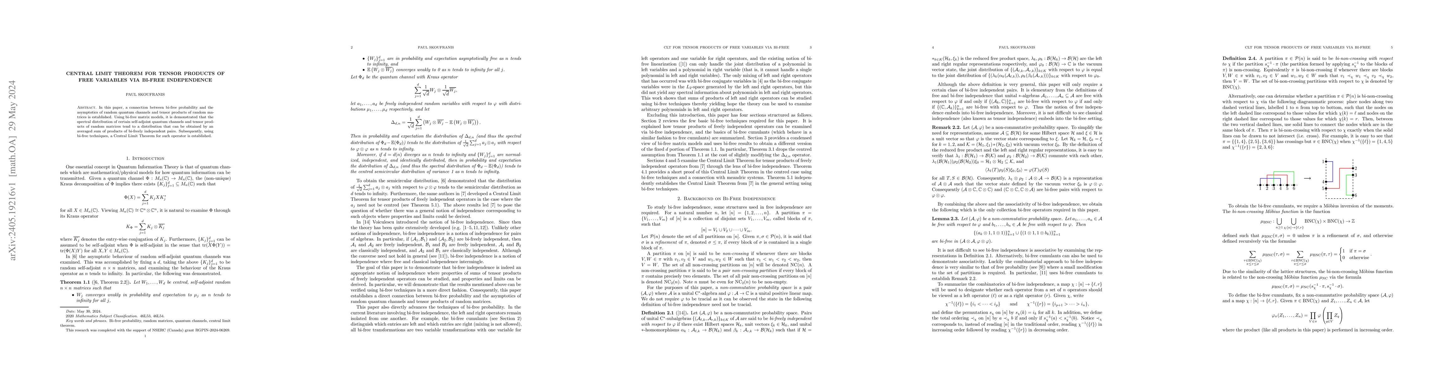 Thumbnail for Central Limit Theorem for Tensor Products of Free Variables via Bi-Free
  Independence