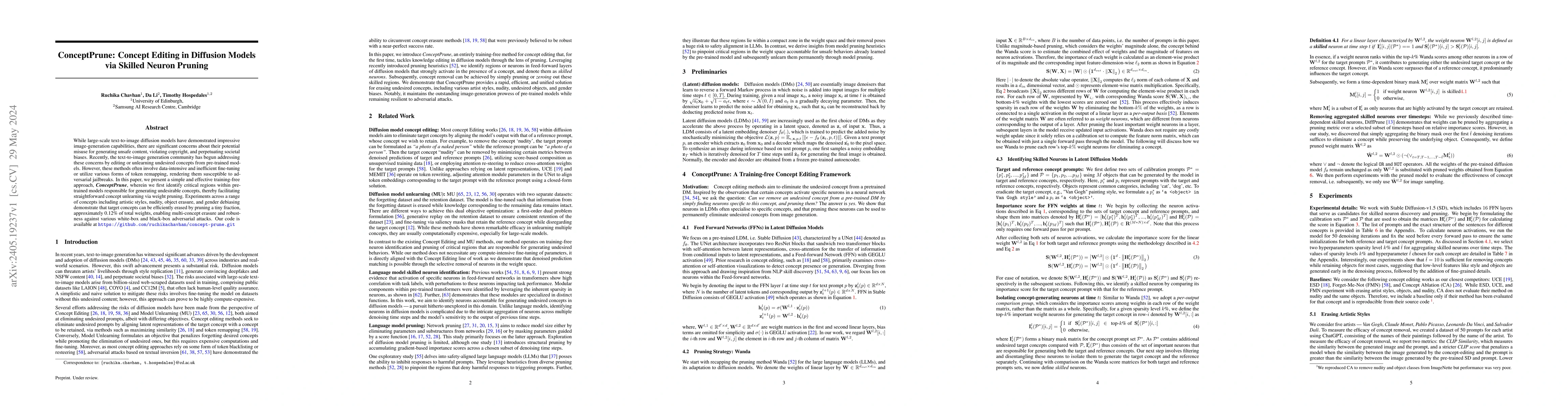 Thumbnail for ConceptPrune: Concept Editing in Diffusion Models via Skilled Neuron
  Pruning