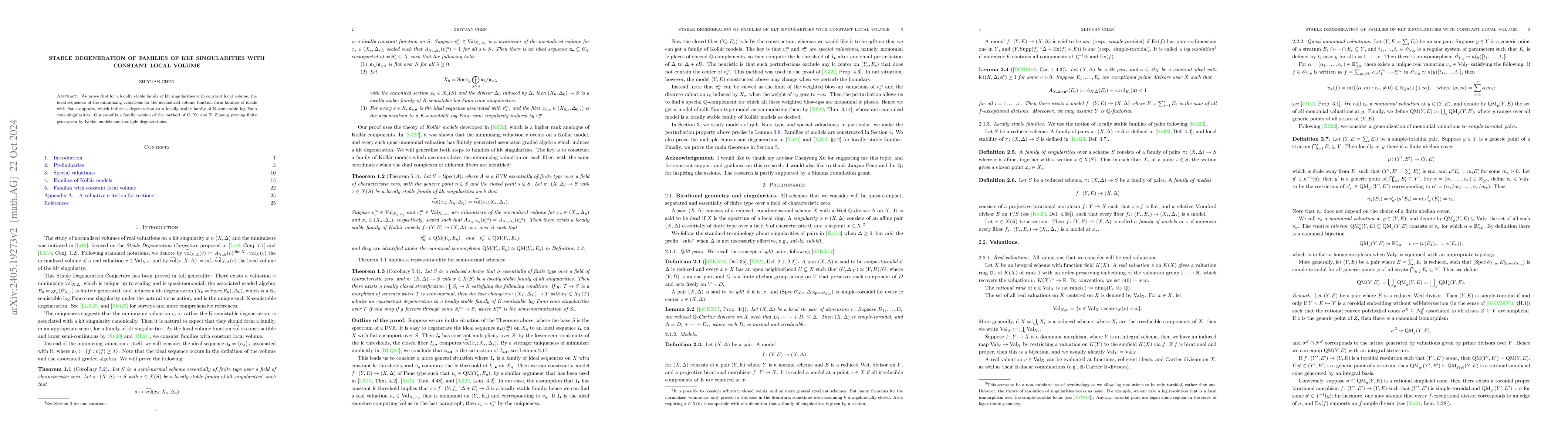 Thumbnail for Stable degeneration of families of klt singularities with constant local
  volume