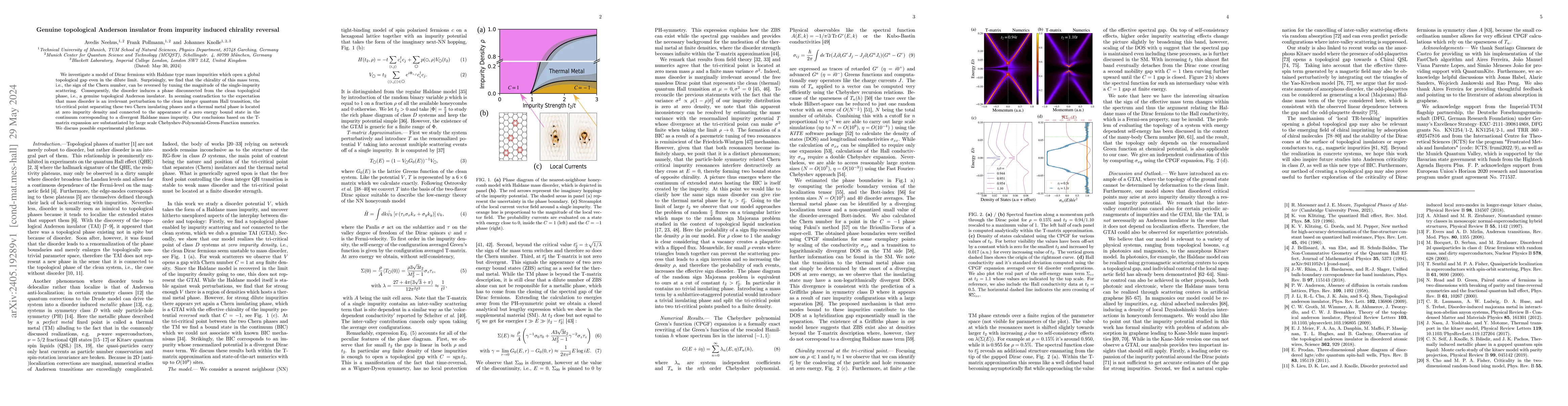 Thumbnail for Genuine topological Anderson insulator from impurity induced chirality
  reversal