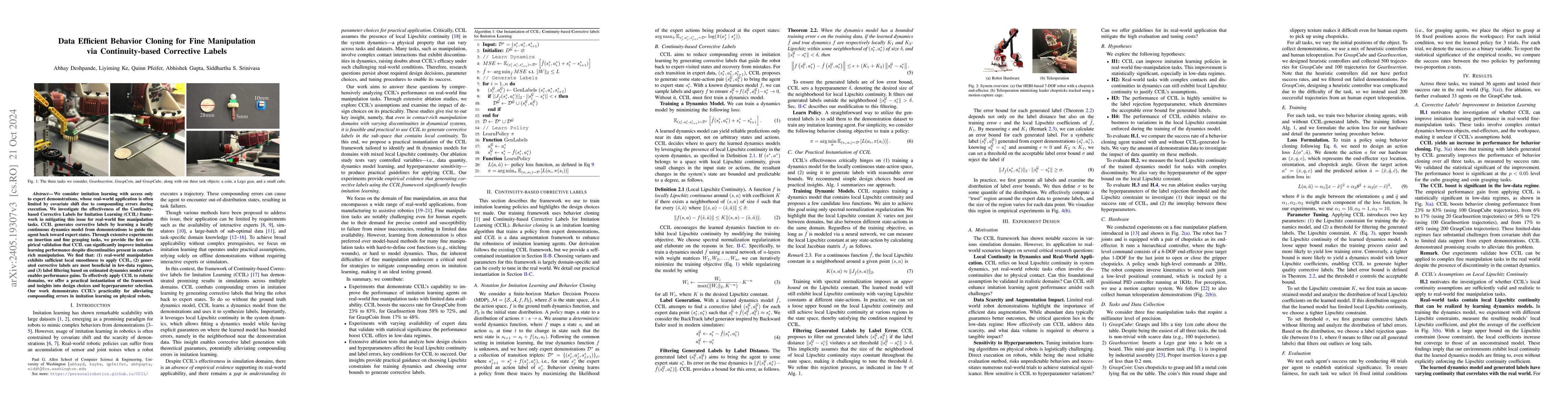 Thumbnail for Data Efficient Behavior Cloning for Fine Manipulation via
  Continuity-based Corrective Labels
