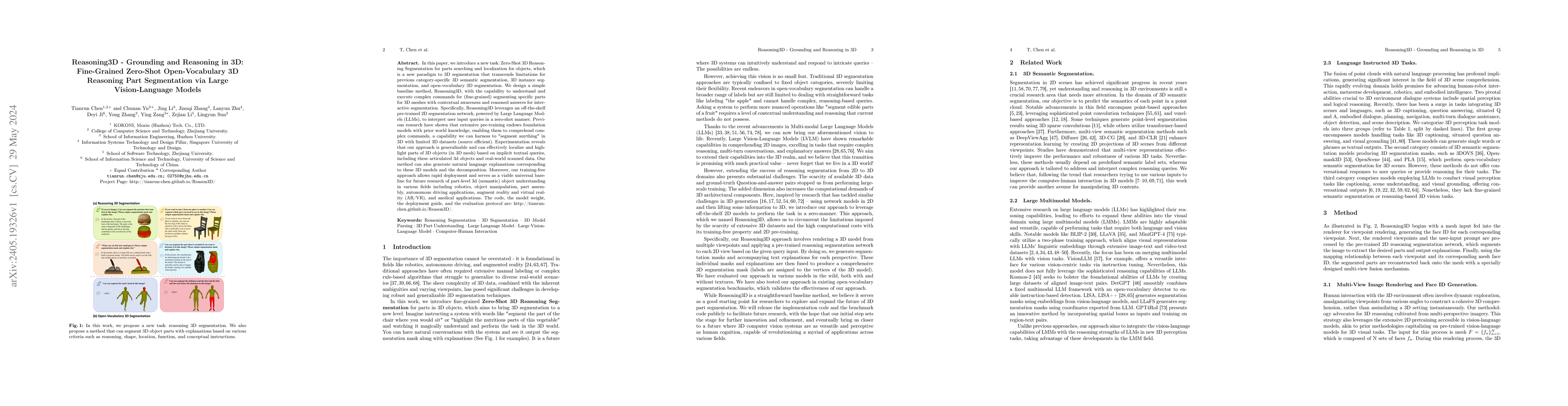 Thumbnail for Reasoning3D -- Grounding and Reasoning in 3D: Fine-Grained Zero-Shot
  Open-Vocabulary 3D Reasoning Part Segmentation via Large Vision-Language
  Models