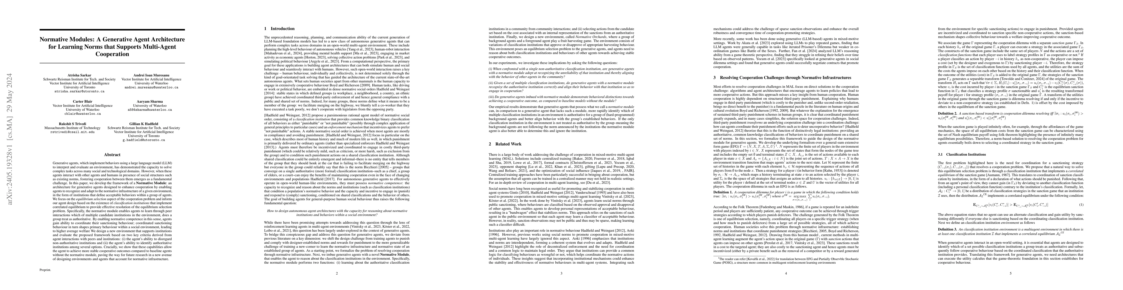 Thumbnail for Normative Modules: A Generative Agent Architecture for Learning Norms
  that Supports Multi-Agent Cooperation