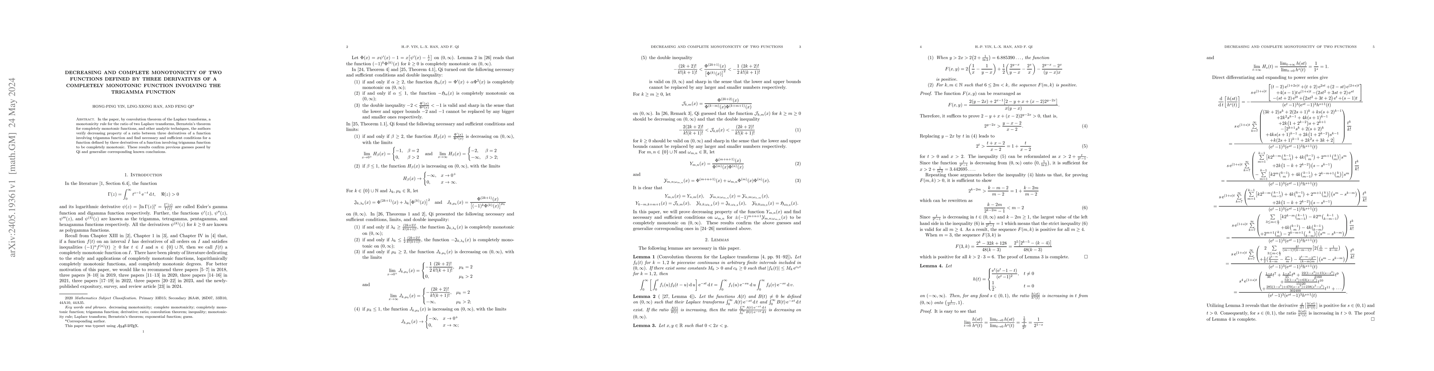 Thumbnail for Decreasing and complete monotonicity of two functions defined by three
  derivatives of a completely monotonic function involving the trigamma
  function