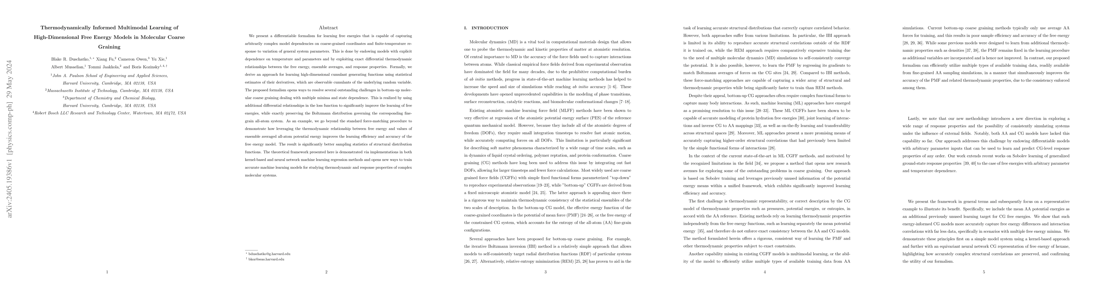 Thumbnail for Thermodynamically Informed Multimodal Learning of High-Dimensional Free
  Energy Models in Molecular Coarse Graining