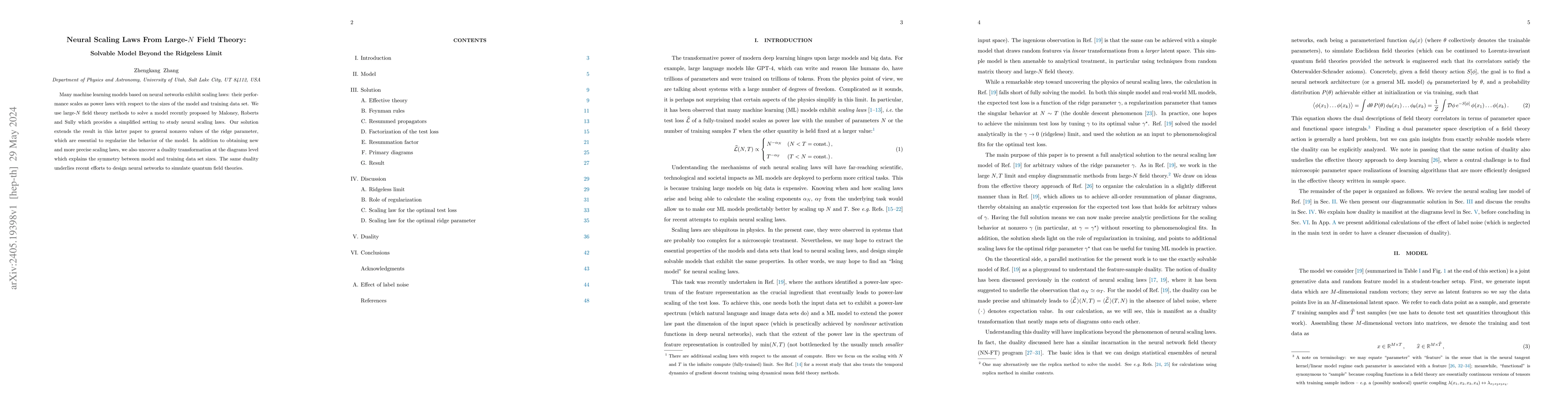 Thumbnail for Neural Scaling Laws From Large-N Field Theory: Solvable Model Beyond the
  Ridgeless Limit