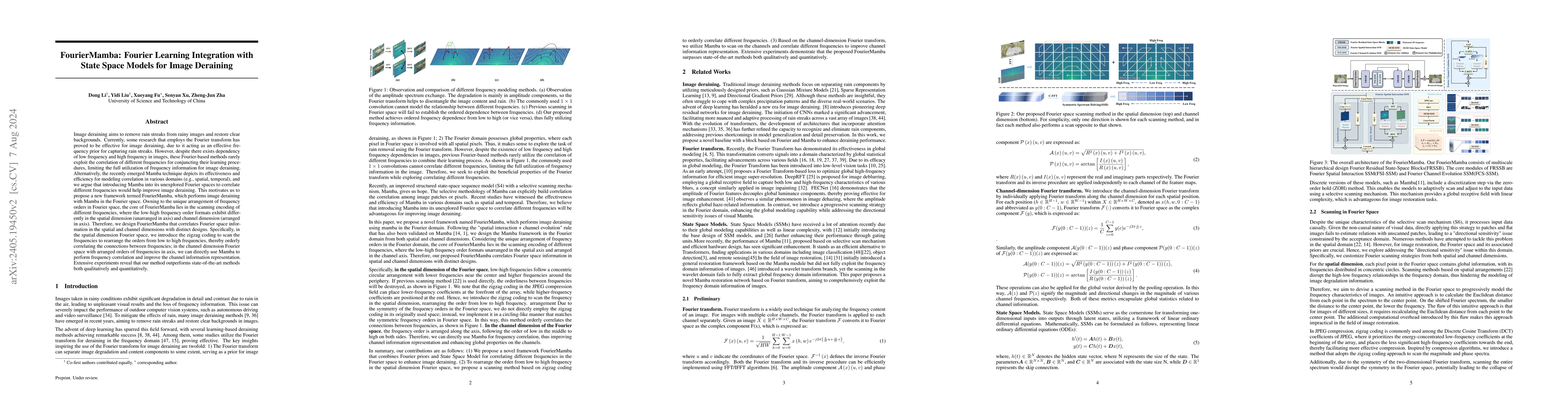 Thumbnail for FourierMamba: Fourier Learning Integration with State Space Models for
  Image Deraining