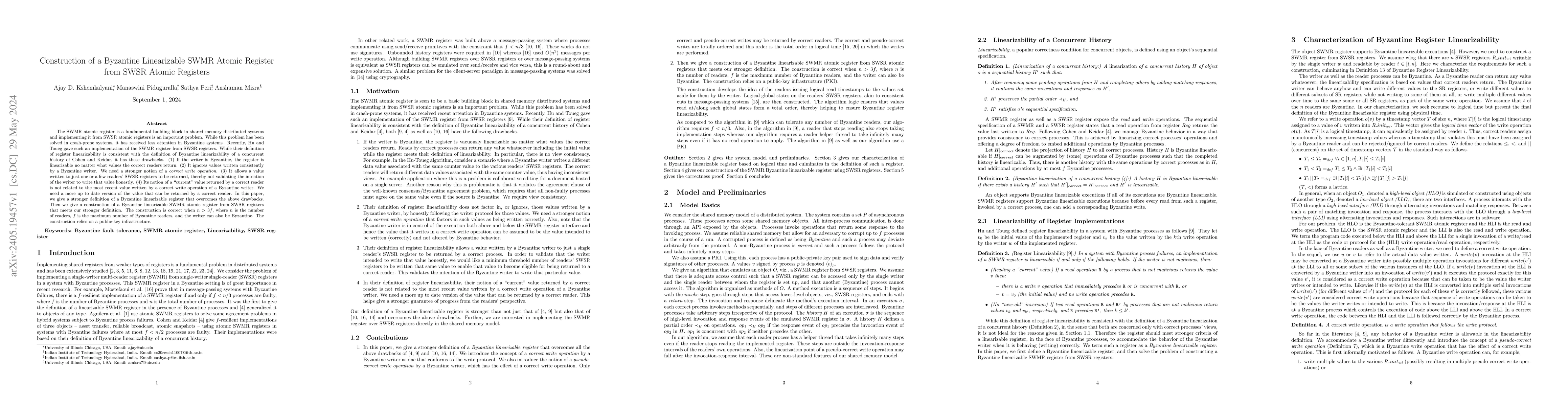 Thumbnail for Construction of a Byzantine Linearizable SWMR Atomic Register from SWSR
  Atomic Registers