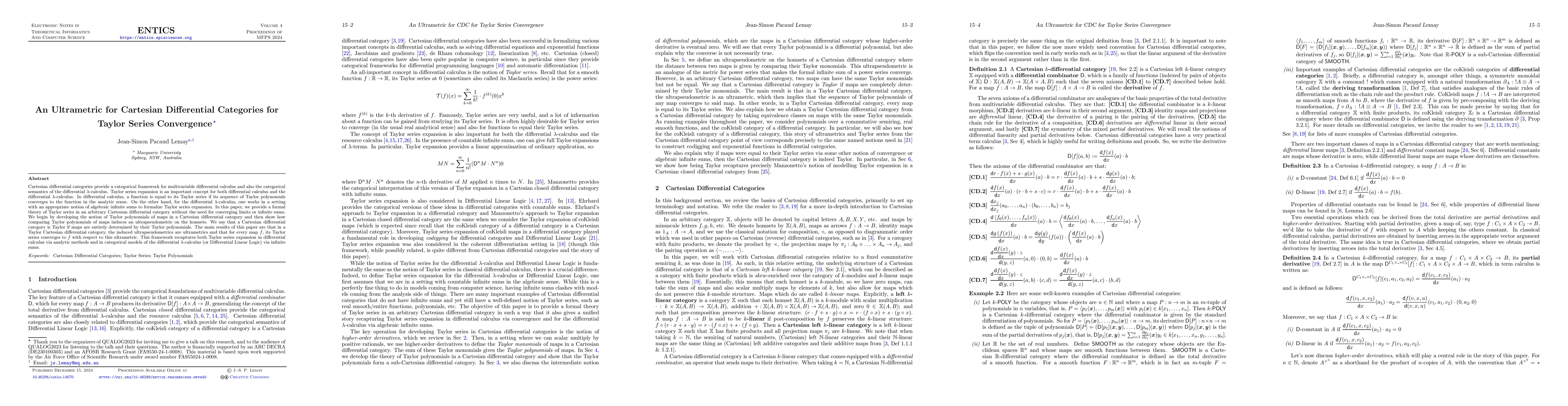 Thumbnail for An Ultrametric for Cartesian Differential Categories for Taylor Series
  Convergence