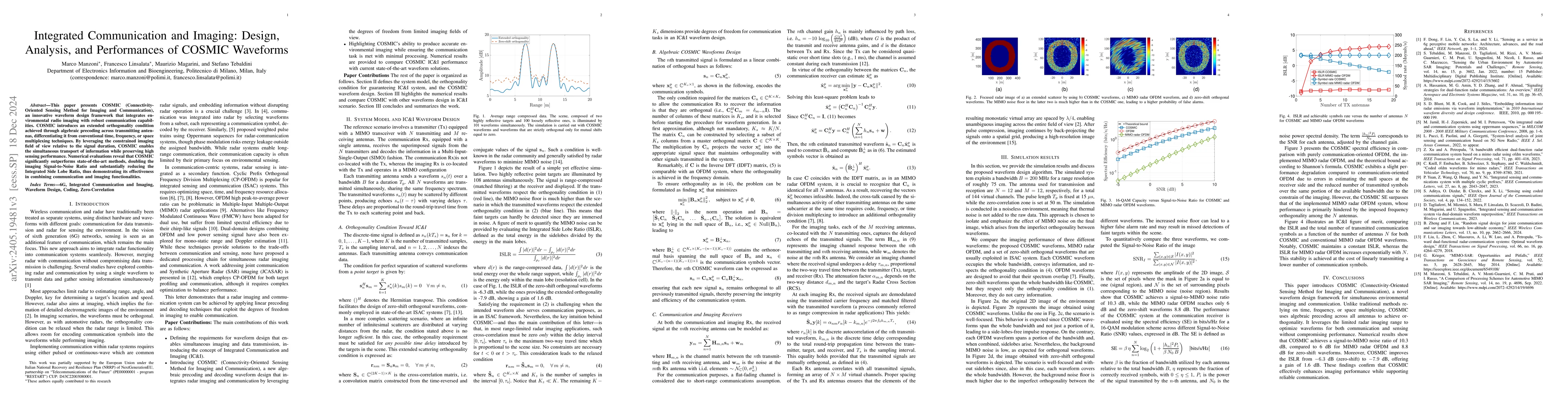 Thumbnail for Integrated Communication and Imaging: Design, Analysis, and Performances
  of COSMIC Waveforms