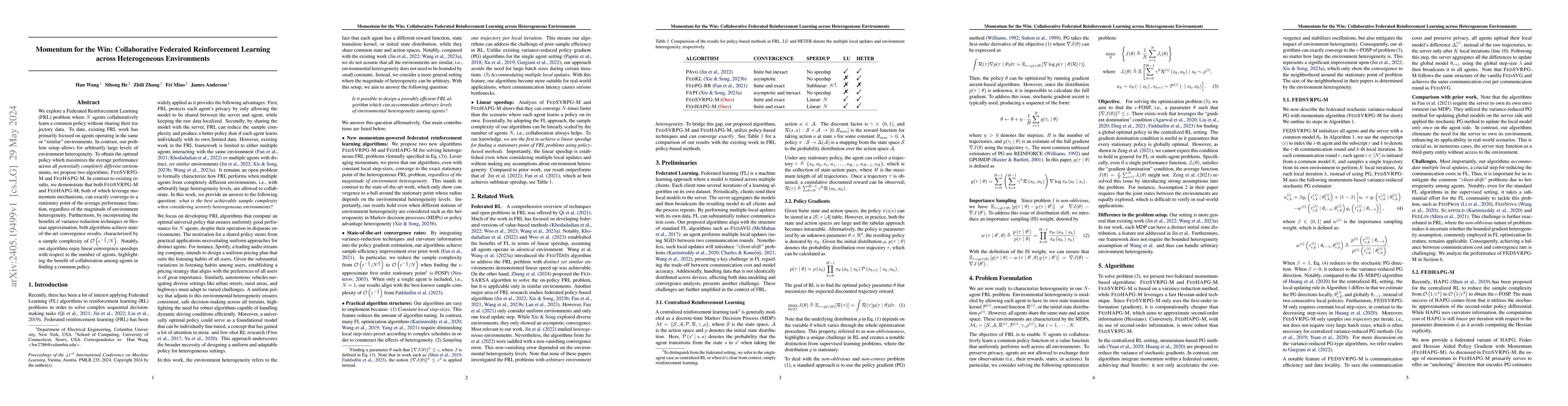 Thumbnail for Momentum for the Win: Collaborative Federated Reinforcement Learning
  across Heterogeneous Environments