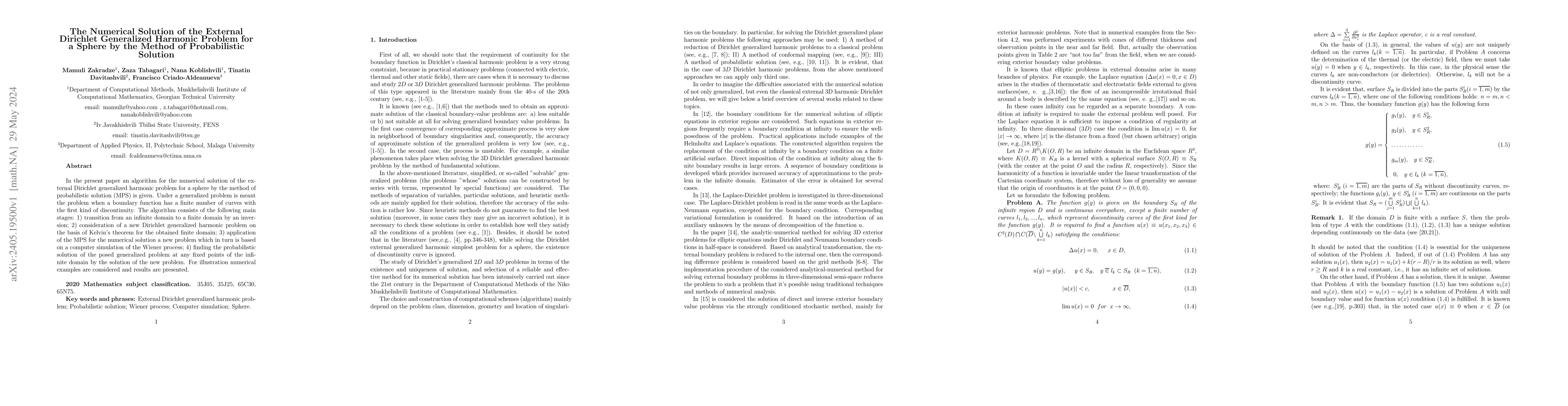 Thumbnail for The Numerical Solution of the External Dirichlet Generalized Harmonic
  Problem for a Sphere by the Method of Probabilistic Solution