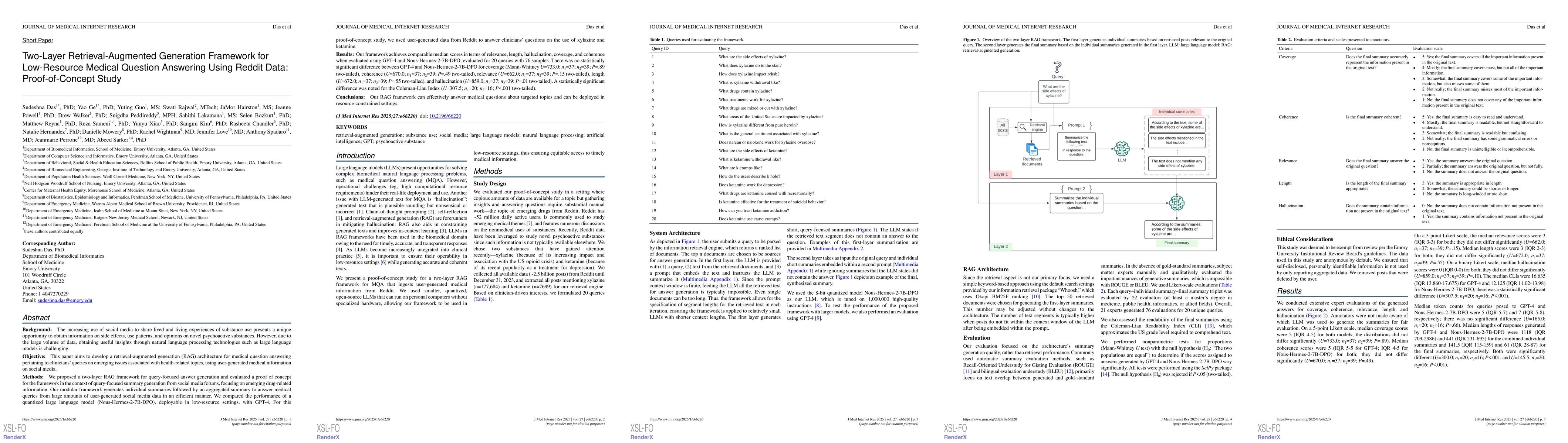 Thumbnail for Two-layer retrieval augmented generation framework for low-resource
  medical question-answering: proof of concept using Reddit data