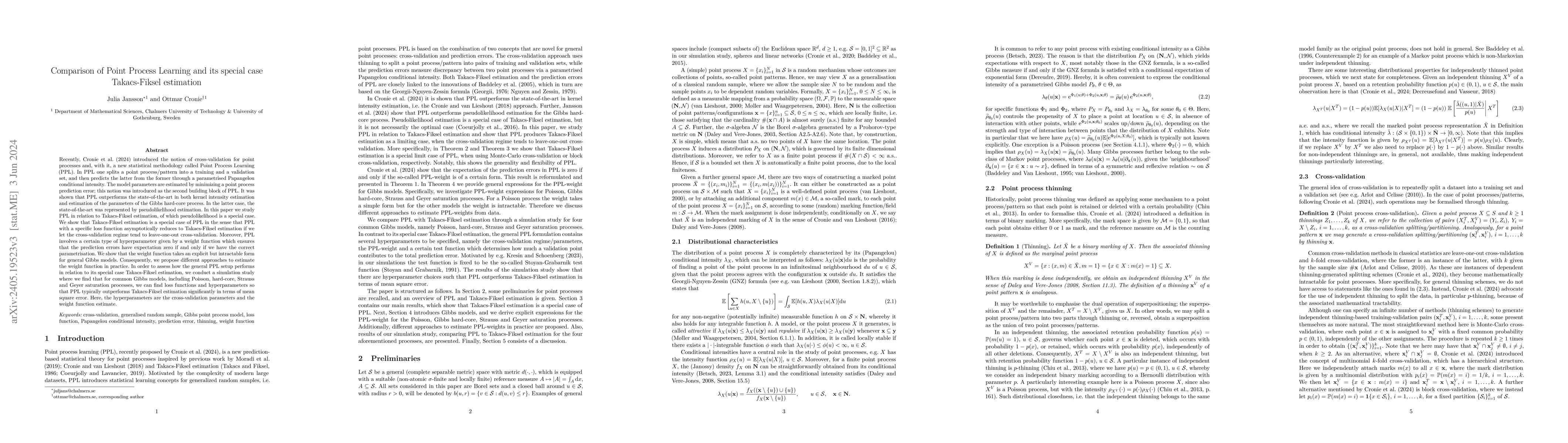 Thumbnail for Comparison of Point Process Learning and its special case Takacs-Fiksel
  estimation