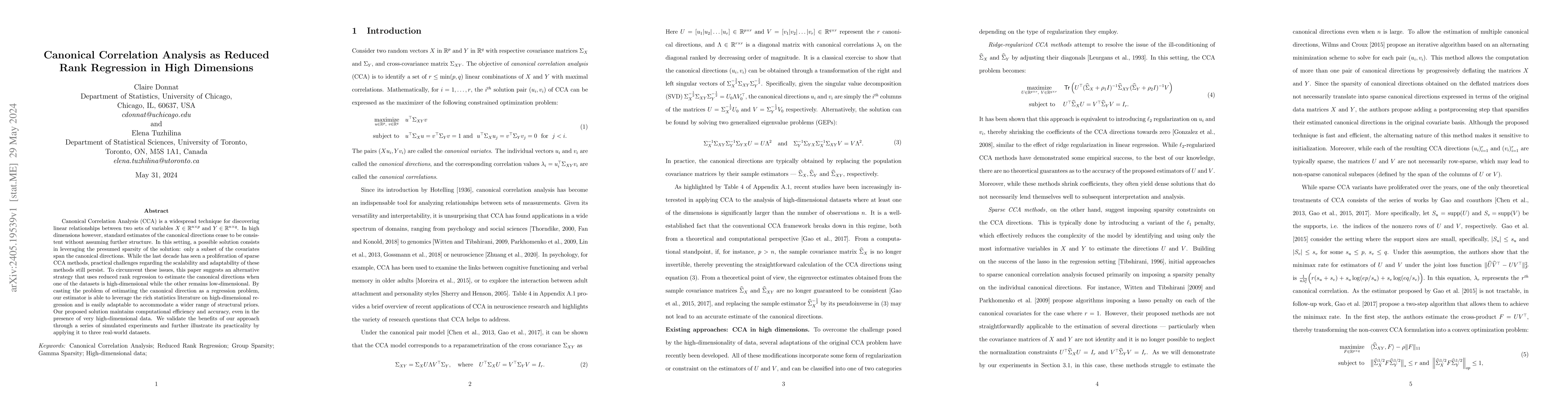 Thumbnail for Canonical Correlation Analysis as Reduced Rank Regression in High
  Dimensions