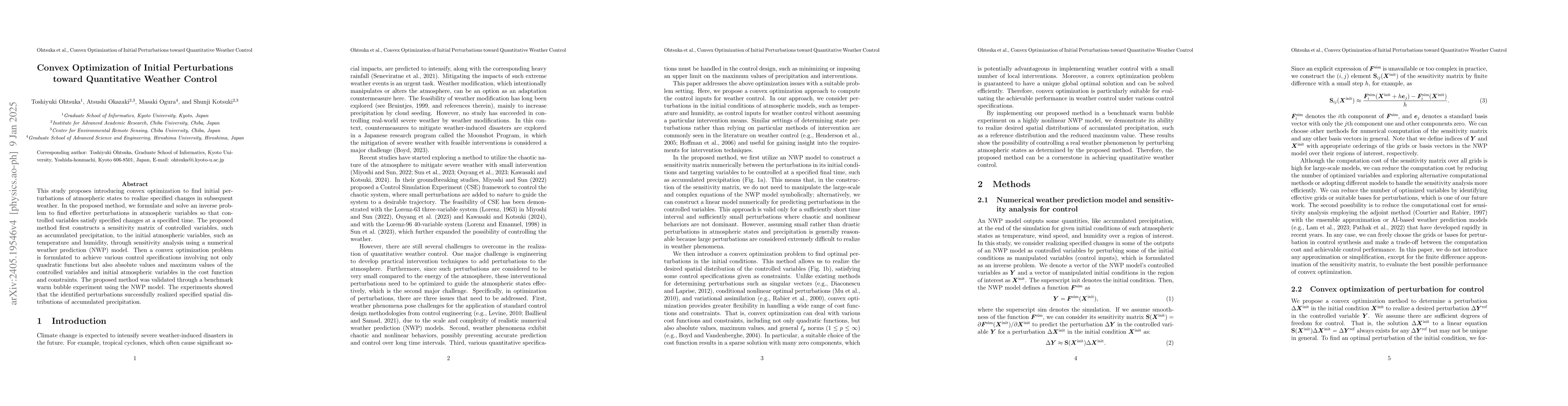 Thumbnail for Convex Optimization of Initial Perturbations toward Quantitative Weather
  Control