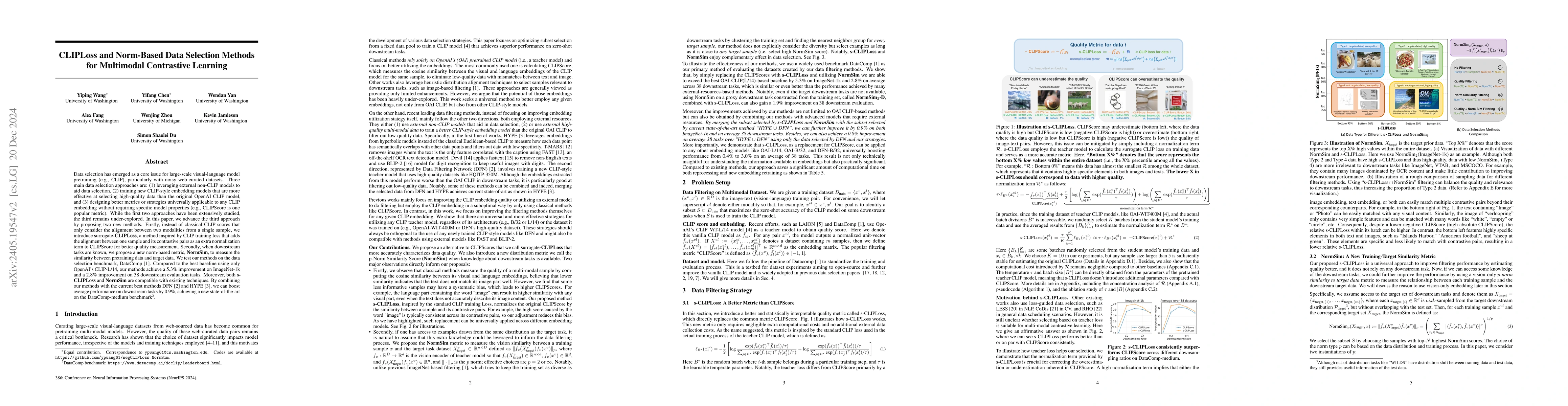 Thumbnail for CLIPLoss and Norm-Based Data Selection Methods for Multimodal
  Contrastive Learning