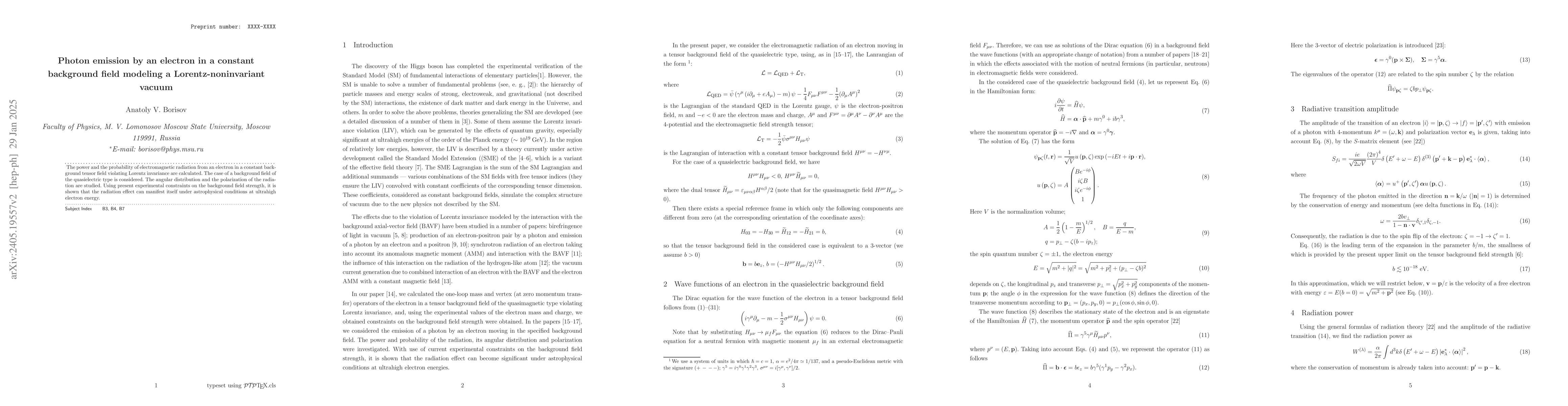 Thumbnail for Electron radiation in a constant background field simulating a
  Lorentz-violating vacuum