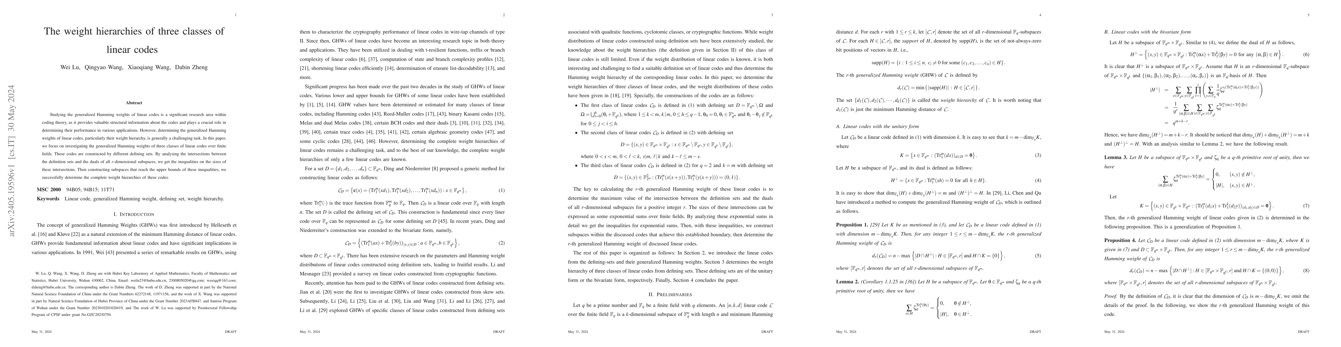 Thumbnail for The weight hierarchies of three classes of linear codes