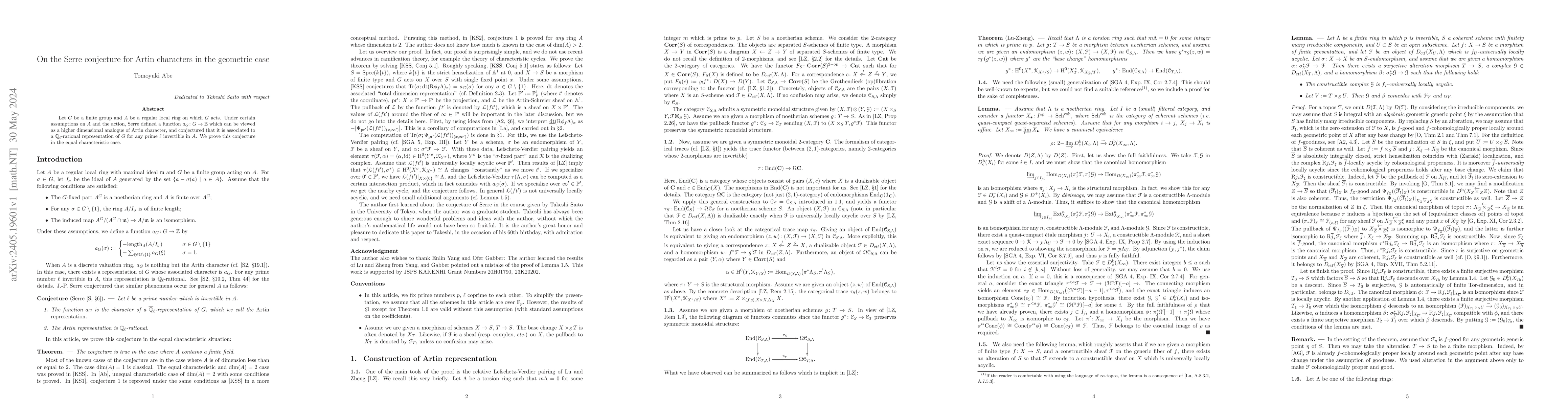 Thumbnail for On the Serre conjecture for Artin characters in the geometric case