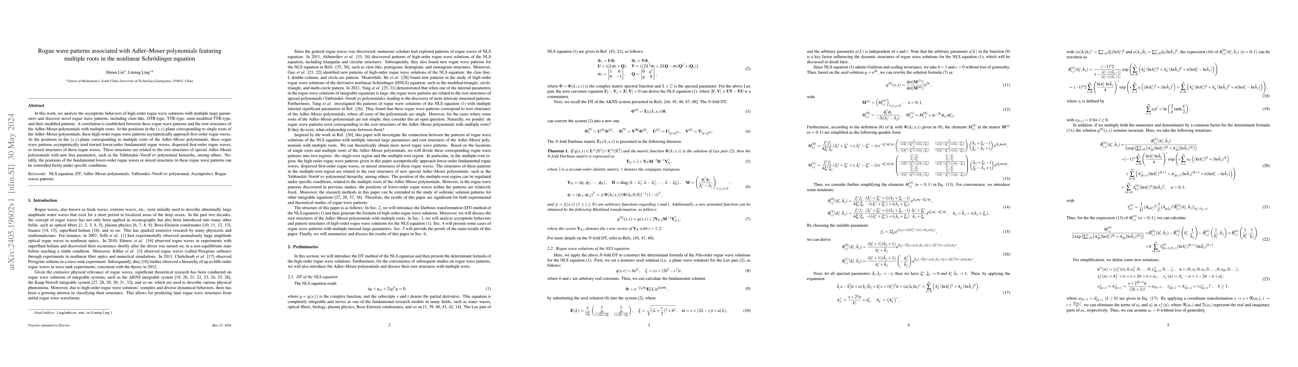 Thumbnail for Rogue wave patterns associated with Adler--Moser polynomials featuring
  multiple roots in the nonlinear Schr\"odinger equation