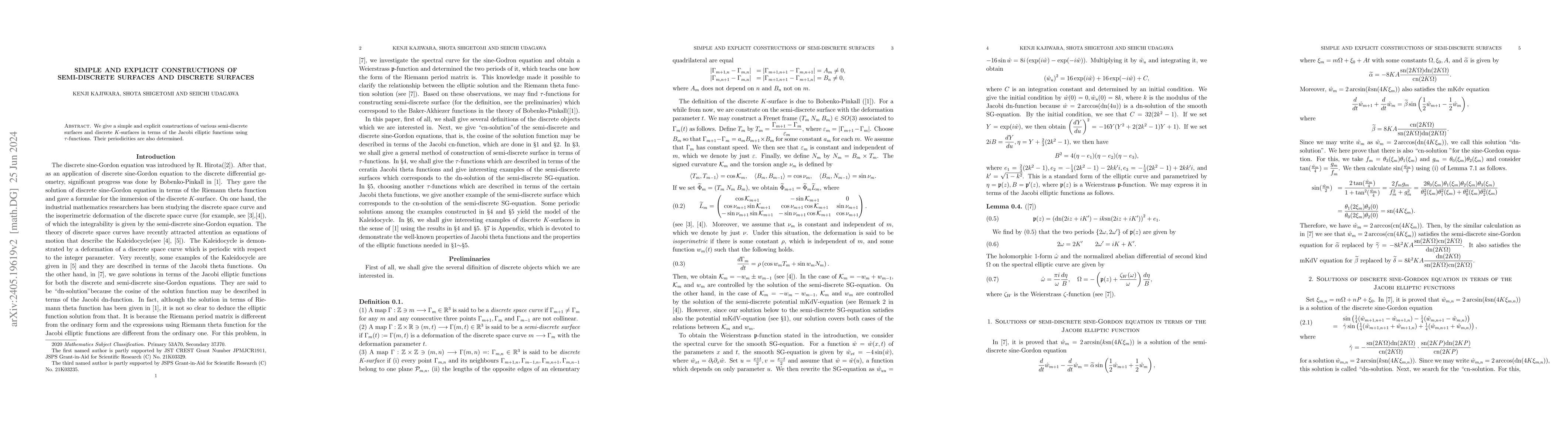 Thumbnail for Simple and explicit constructions of semi-discrete surfaces and discrete
  surfaces