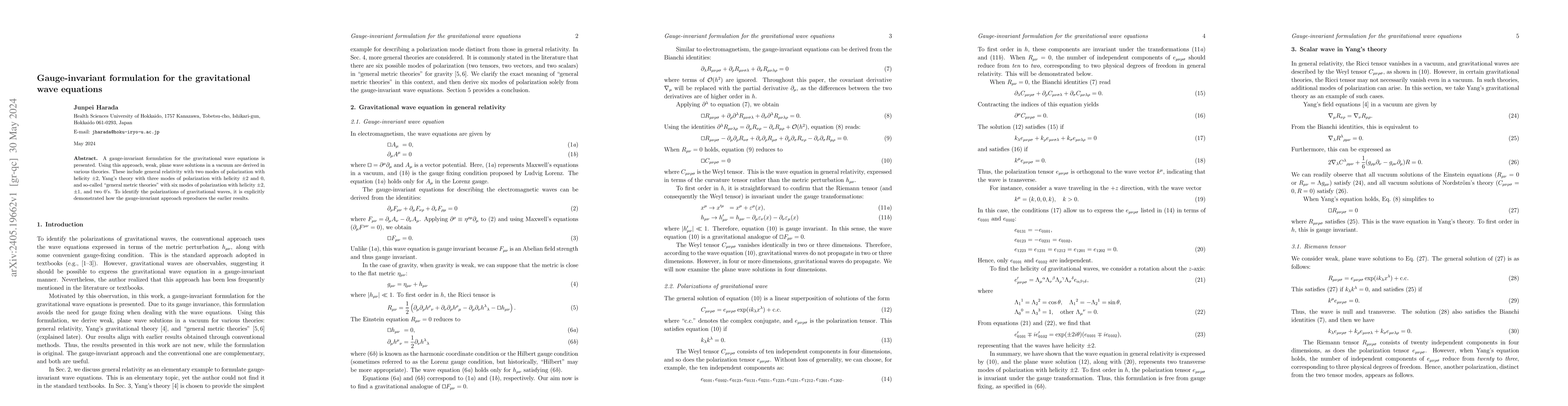 Thumbnail for Gauge-invariant formulation for the gravitational wave equations