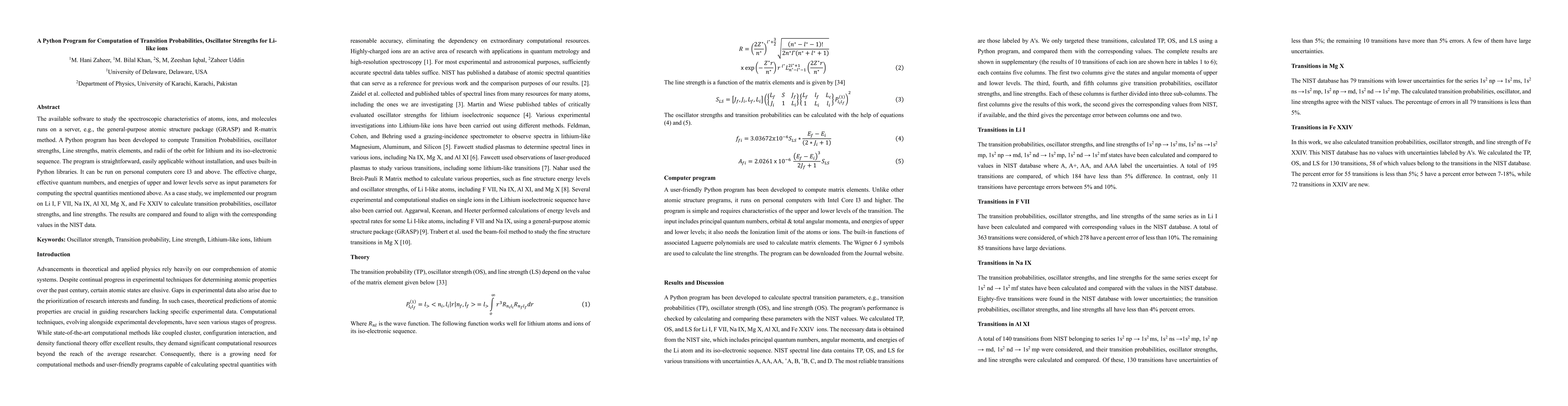 Thumbnail for A Python Program for Computation of Transition Probabilities, Oscillator
  Strengths for Li-like ions