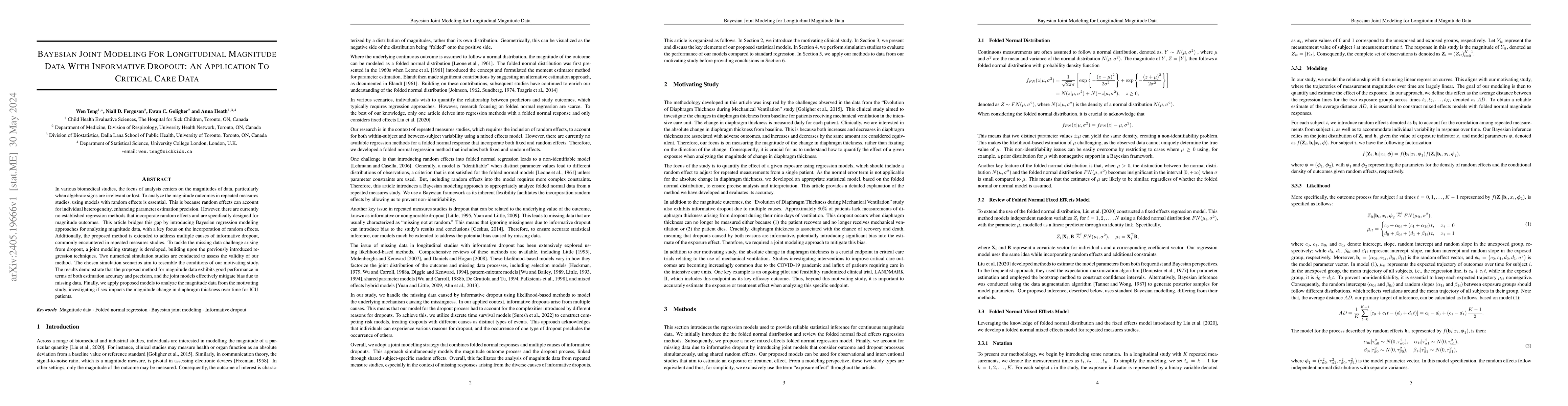 Thumbnail for Bayesian Joint Modeling for Longitudinal Magnitude Data with Informative
  Dropout: an Application to Critical Care Data