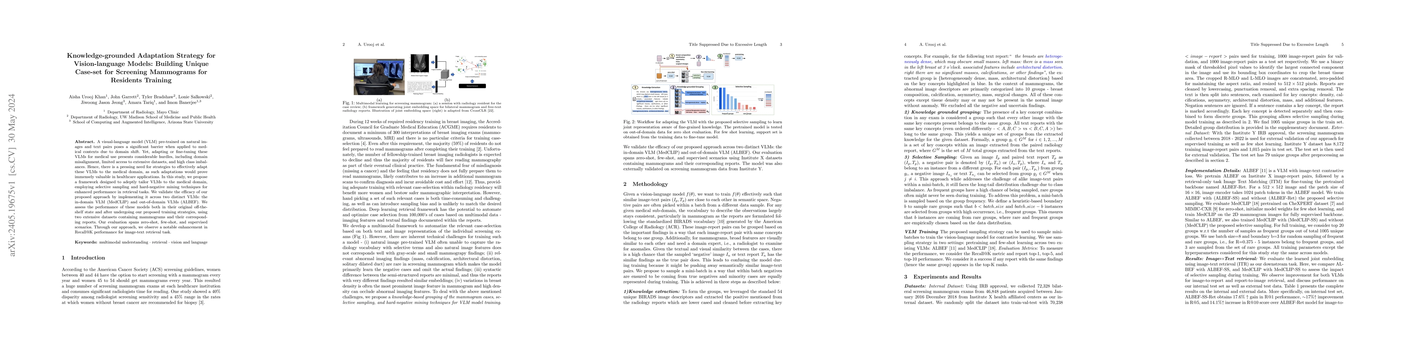 Thumbnail for Knowledge-grounded Adaptation Strategy for Vision-language Models:
  Building Unique Case-set for Screening Mammograms for Residents Training