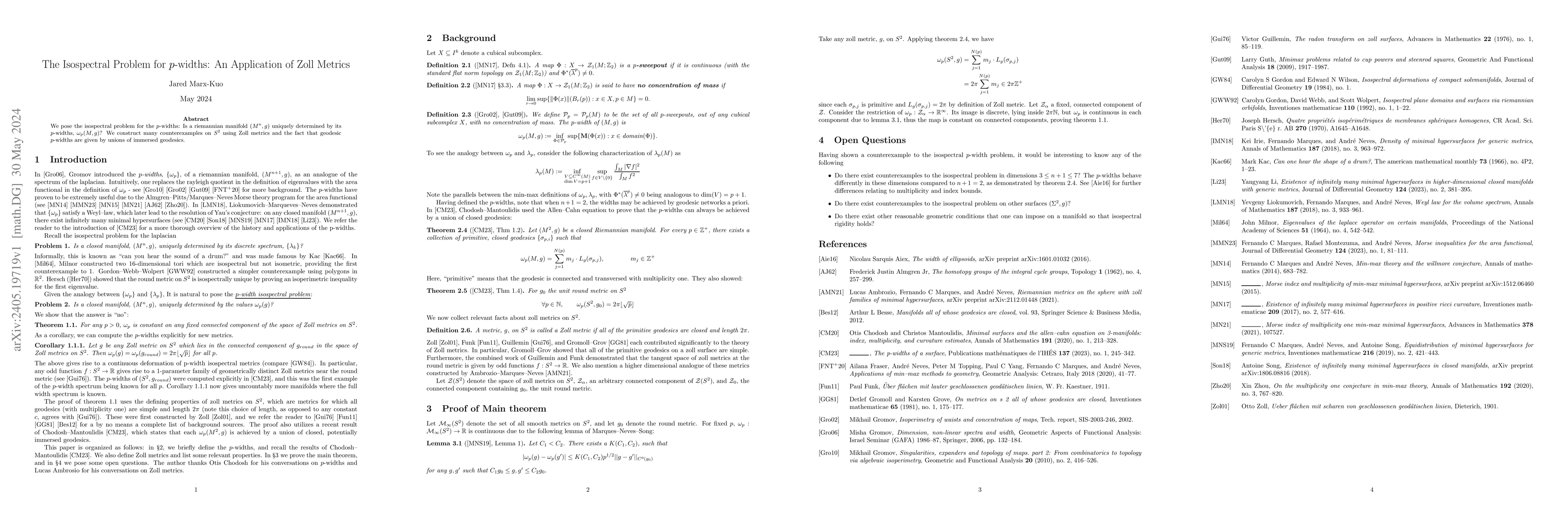 Thumbnail for The Isospectral Problem for p-widths: An Application of Zoll Metrics